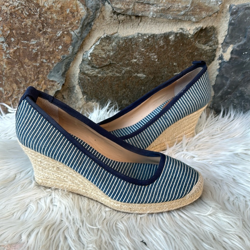 J. Crew Blue and White Striped Wedges
